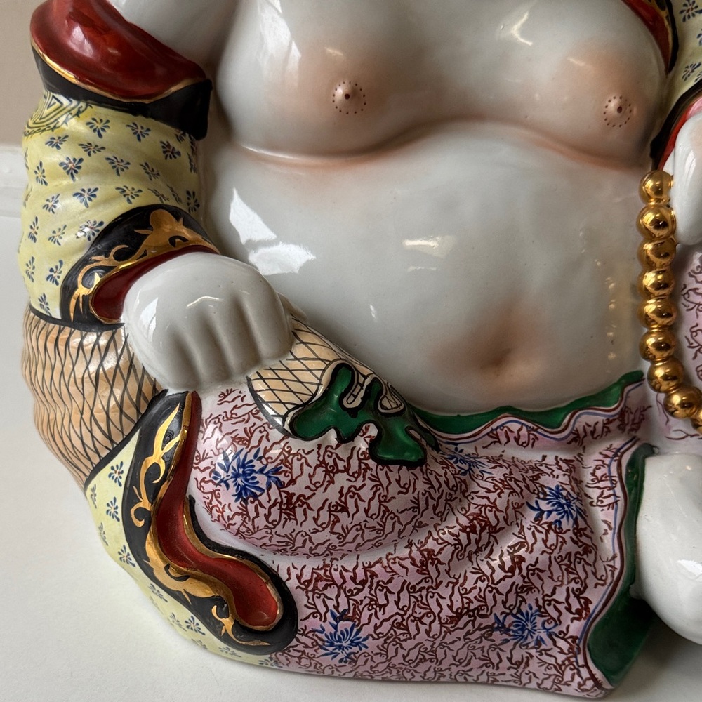 Vintage Hand-Painted Porcelain Laughing Buddha Statue in White and Multicolor - Picture 9 of 14